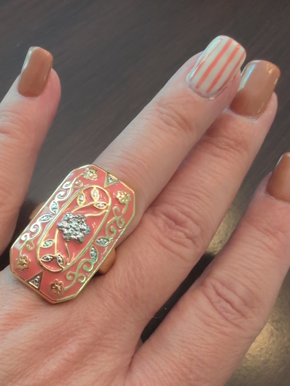 Gold-Tone Coral Enamel Statement Ring with Crystal Accent
